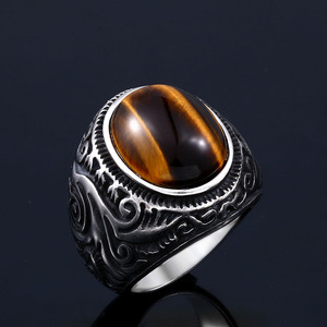 Oahlan người đàn ông Nhẫn bán buôn cổ điển dát Turquoise Tiger Eye đá khắc vòng thép không gỉ - Product Image 4