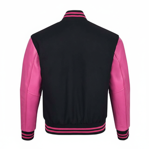 Veste de baseball en cuir rose avec laine noire Vêtements pour hommes Vestes universitaires OEM Fabriquées sur mesure Vêtements de sport de haute qualité Adultes - Product Image 1