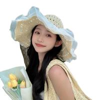Sombrero de Paja con Encaje Japonés para Mujer, de Ala Ancha, para Verano, que Estiliza el Rostro, para Vacaciones en la Playa, con Protección UV
