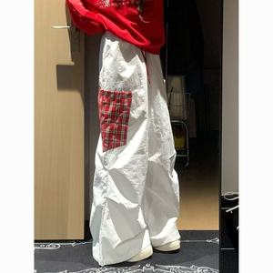 <b>White</b> <b>Cargo</b> Pants With Red Plaid Pocket High Waist Loose Wide Leg Breathable Women's Pants - Product Image 1