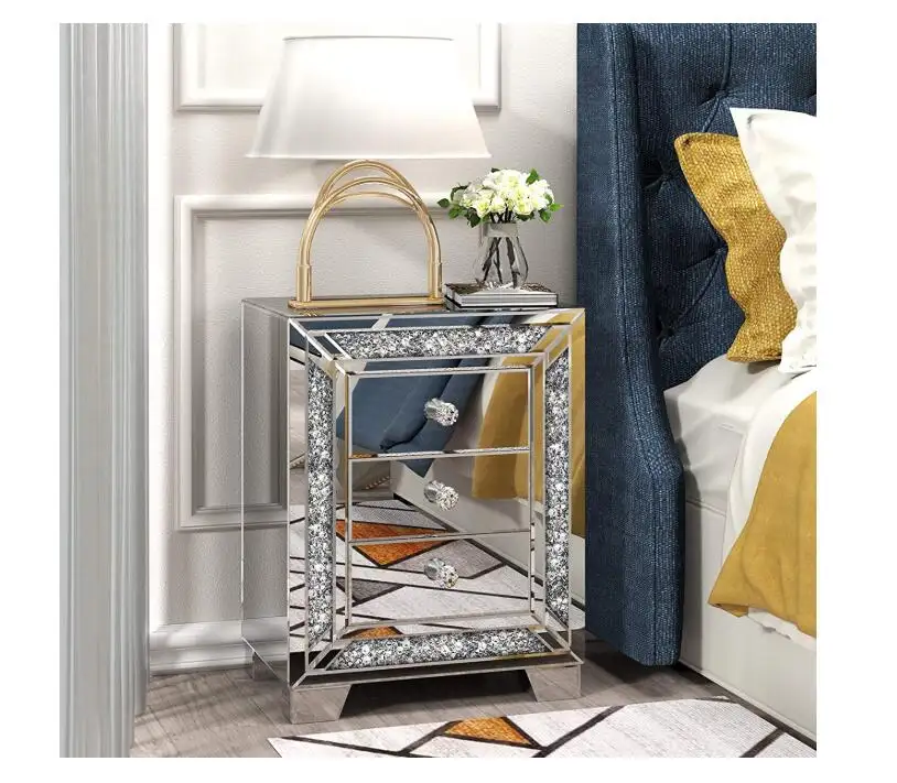 Bedroom Furniture Sparkly Nightstands with 3 Drawers Mirrored Crushed Crystal Modern Bedside Table End Tables For Bed