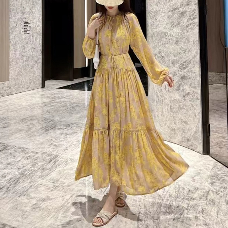 green emerald velvet dress Autumn Floral Print Rose Pattern Long Sleeve Dress for Women 2024 Fashion  V-Neck Ankle Length Maxi Dress with Pockets at Amazon Women's Clothing store main image 1