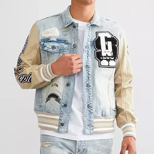 Custom Patchwork Jean Jackets Vintage Washed Denim Bomber Varsity Jacket For Men