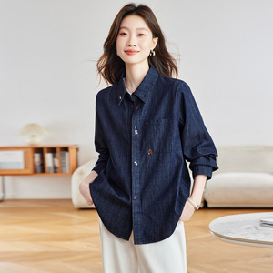 Camisa de Mezclilla de Manga Larga Estilo Mori Retro Artístico de Algodón para <span class=keywords><strong>Mujer</strong></span>, Nueva Blusa Coreana Bordada de Otoño para <span class=keywords><strong>Mujer</strong></span> - Product Image 3