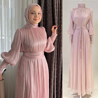 Robe islamique modeste pour femmes, robe longue plissée rose à col haut et manches bouffantes, vêtements islamiques