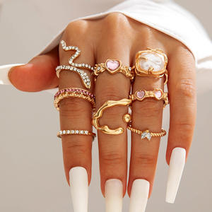 Elegante Juego de Anillos de Piedras Preciosas Chapados en Oro para Mujer, Diseño de Corazón, Mariposa y Gota de Agua, Estilo Simple y Versátil para Oficina/Trabajo - Product Image 3