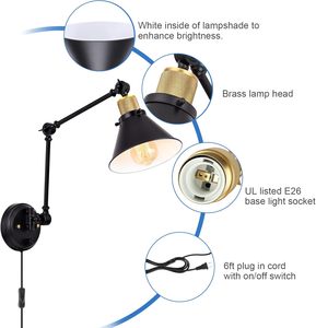 Dimmable <strong>Plug</strong>-in <strong>Wall</strong> Sconce 6FT Cord Swing Arm <strong>Wall</strong> <strong>Lights</strong> for UL Listed <strong>with</strong> E26 Base Two Arms 1 Pack - Product Image 2