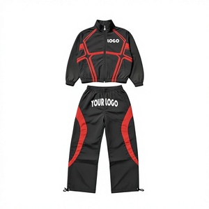 Custom Unisex Tracksuit Set Black Red Geometric Print Quick Dry Breathable Cotton Sporty Style Full <b>Zip</b> Jacket Pants Solid - Product Image 1