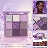 Palette de fards à paupières scintillants minéraux haute pigmentation pour peaux foncées, résistants à l'eau, longue tenue, violet étincelant, 5g, 9 couleurs, 1 palette