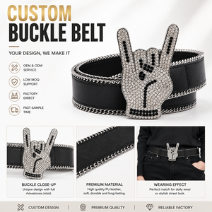 <span class=keywords><strong>Cintura</strong></span> con Fibbia Personalizzata con Strass e Simbolo a Mano, Cinturino in Vera Pelle Nera con Bordo a Catena Chic, Ingrosso OEM/ODM - Product Image 1