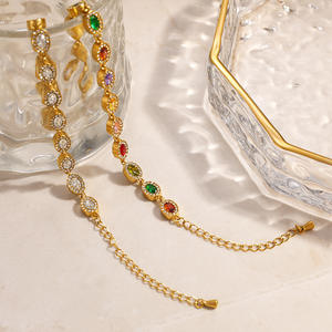 Stainless Steel <b>Bracelet</b> With Colored Zircon 18k Gold Plated Oval Geometric Design <b>Rainbow</b> Multi Color Fashion Jewelry - Product Image 2