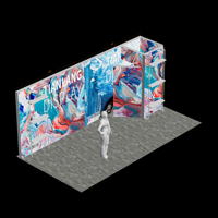 Stand d'exposition Mega Corner personnalisé 6*3M avec écran lumineux SEG, mur d'arrière-plan multi-panneaux avec graphisme texture marbre motif vague océanique