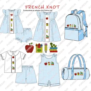 Bulk Wholesale Kids Clothes Blue Plaid Baby Girl Outfits With Lace Trim French Knot Back To School Kids Sibling Set