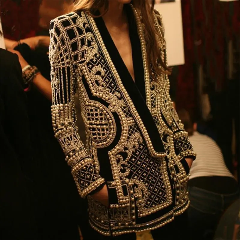 2021 Sexy deep v-neck long-sleeved bubble blazer jacket trendy bead print women's jacket