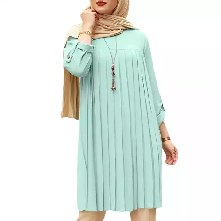 custom lady summer long sleeve chiffon pleated solid shirt dubai turkey abaya blusas casual long tops tunic women muslim blouse