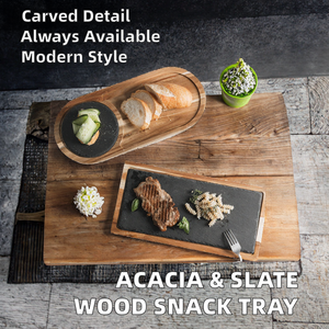 Plateau en bois d'acacia massif pour snacks et steaks, assiettes en ardoise noire pour <span class=keywords><strong>restaurant</strong></span>, fête, cuisine japonaise, assiette en pierre - Product Image 3