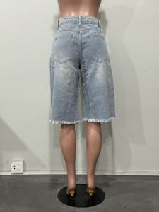 Shorts en jean camouflage taille <span class=keywords><strong>mi</strong></span>-haute pour <span class=keywords><strong>femme</strong></span>, longueur genou, effet vieilli, avec œillets et franges, <span class=keywords><strong>coupe</strong></span> large, style streetwear, marque privée Sehe Fashion - Product Image 5