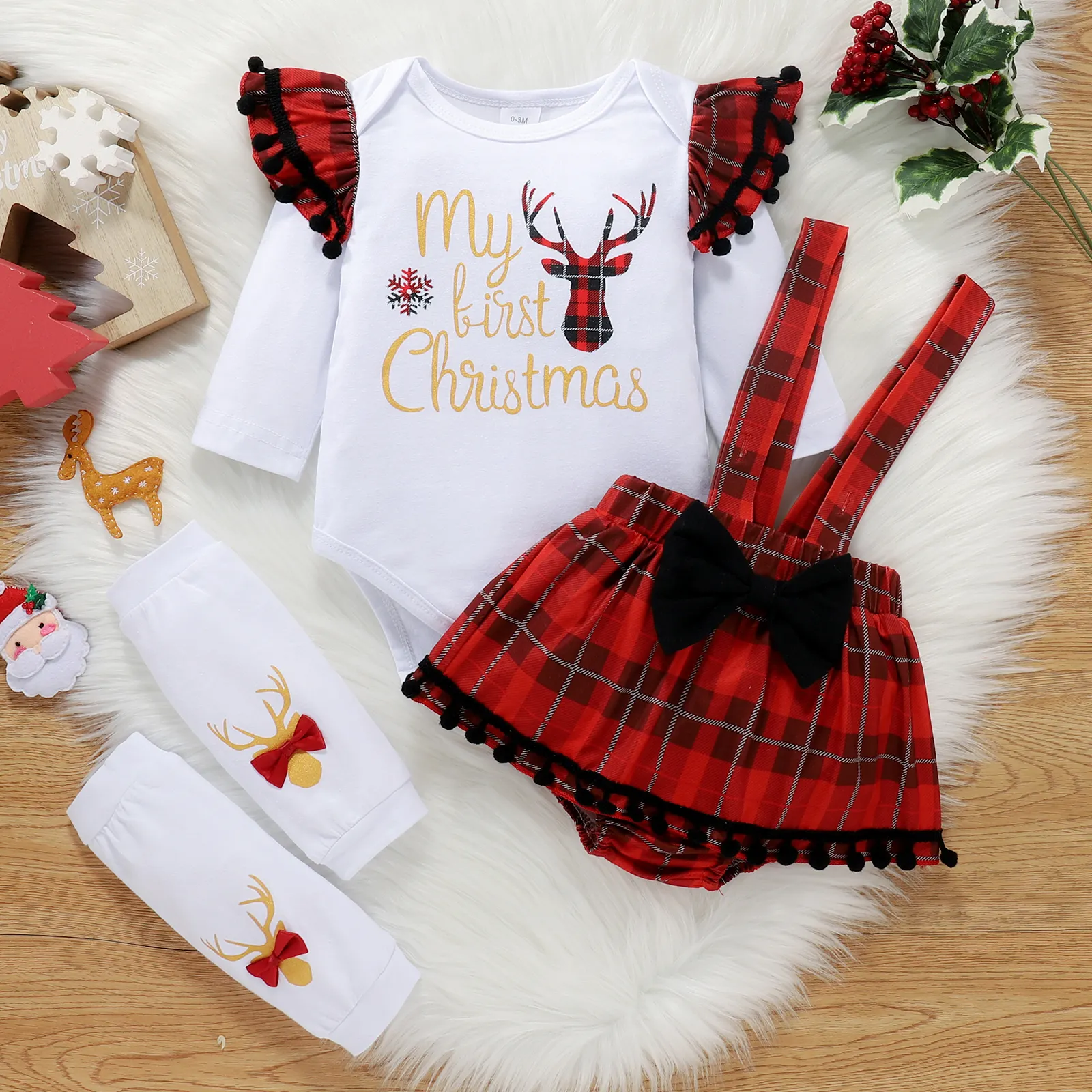 Noel yenidoğan bebek kız 3 adet Romper tulum üst giysi parti kıyafet