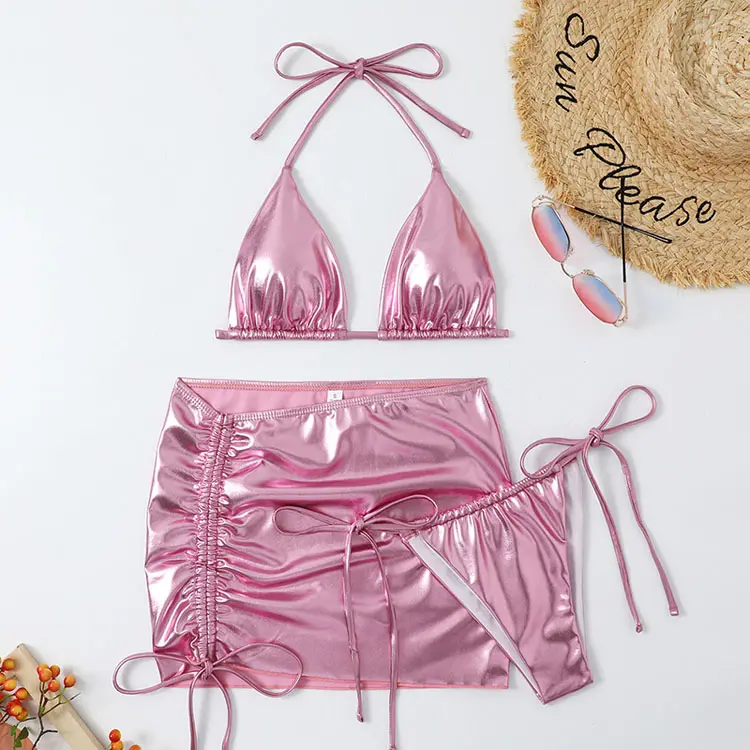 Sexy Pink metallic bikini swimwear Drawcord tie 3 piece swimsuit set womens