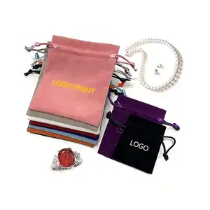 Custom logo print luxury earring candy ring brooch red pink gold white black velvet drawstring jewelry bag suede jewelry pouch