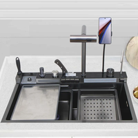 Robinet de cuisine fait à la main en acier inoxydable 304 avec affichage numérique, robinet simple intelligent, deux trous, porte-couteau, tasse
