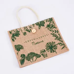 Cheap Natural Eco <b>Recycle</b> Foldable Custom Logo Jute Tote Shopping <b>Bags</b> With Button - Product Image 2