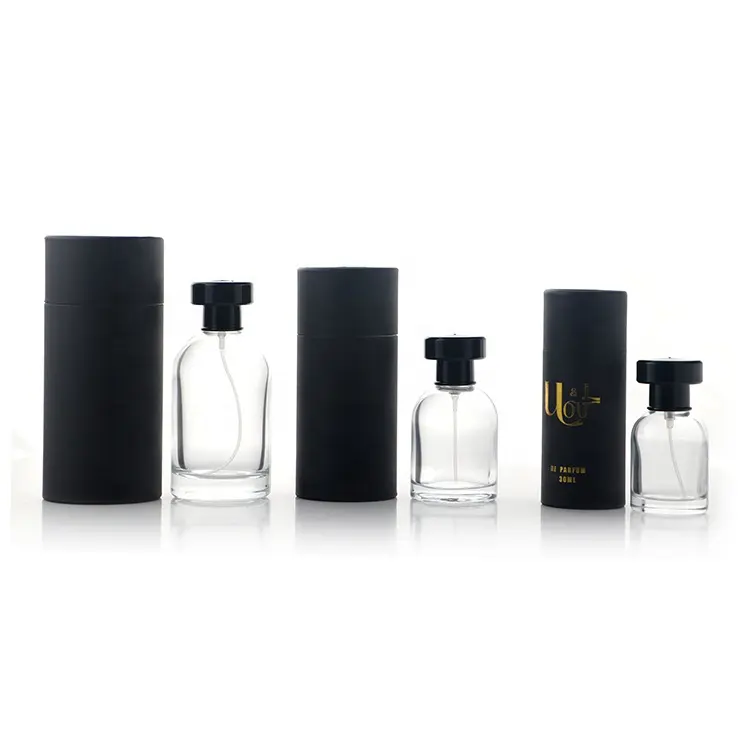 Botella de Perfume vacía de cristal redondo, tapón negro, botella de Perfume con caja, 30ml / 50ml / 100ml