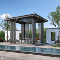 Pavillon oriental à toit rigide avec écrans en treillis métallique et table à thé pour cour et bord de piscine