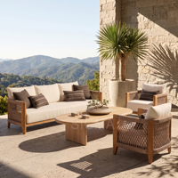 Ensemble de canapés d'extérieur en teck commercial, mobilier de patio en bois massif pour restaurant, hôtel, complexe hôtelier, balcon
