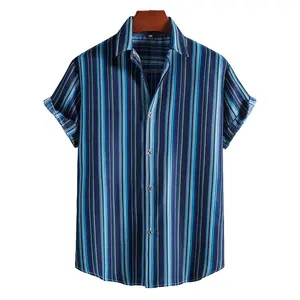 Striped Men's Short Sleeve Shirts Hawaiian Beach Half Sleeve Shirts Wholesale Loose Summer Tops
