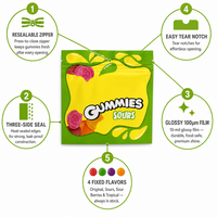 Sacs Mylar refermables anti-odeur à fermeture éclair pour bonbons gélifiés et chewing-gums, scellés sur 3 côtés, emballage plastique en vrac
