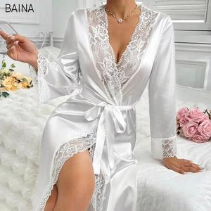 Bata de Novia de Lujo para Mujer, Blanca con Encaje y Satén, Tela Suave y Térmica para Primavera, Largo hasta la Rodilla - Product Image 1