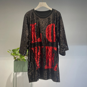 Love Sequin Dress Medium <strong>Long</strong> T-shirt Black <strong>White</strong> Fresh Sweet Loose 5/4 <strong>Sleeve</strong> <strong>Top</strong> - Product Image 5