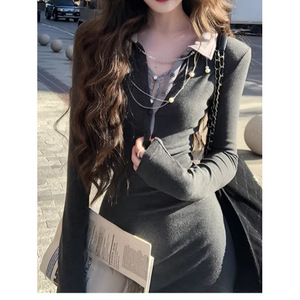 French Retro Shirt Collar Long Sleeve Ribbed Dress Tight Waist Breathable City Commuting Women's Sweater Dress - Product Image 3