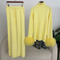 Ensemble pull et pantalon large décontracté pour femme DY954, pull en laine confortable, poignets en fourrure de renard véritable, pull à col roulé en tricot pour l'automne