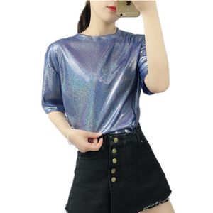 New <span class=keywords><strong>Summer</strong></span> Retro Style Stilvolle helle Seide Frau <span class=keywords><strong>Tops</strong></span> Shiny Loose Kurzarm T-Shirt Sexy Club Ästhetische Harajuku Frauen T-Shirt - Product Image 6