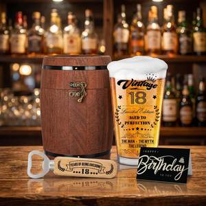 Coffret Cadeau Vintage 18ème Anniversaire : Verre à Bière en Bois Gravé, Décapsuleur et Carte – Cadeau d'Anniversaire - Product Image 3