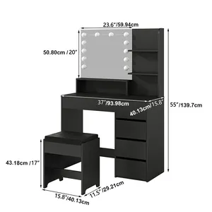 带有带灯镜子的化妆梳妆台具有独特的风格，提供了一个宽敞的梳妆台空间，并配有凳子和镜子。