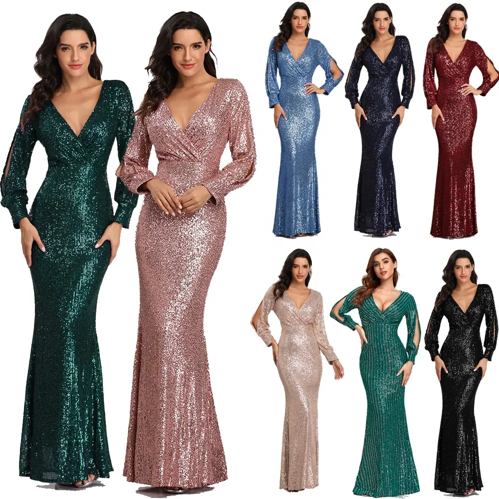 2022 Fall Luxury Gown Party Elegant Womens Dinner Maxi Dresses Plus Size Long Sleeve V-neck Sequin Fishtail Evening Dress