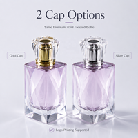 Flacon de parfum en verre facetté de 70 ml, transparent et poli, avec vaporisateur à sertir et capuchon doré ou argenté