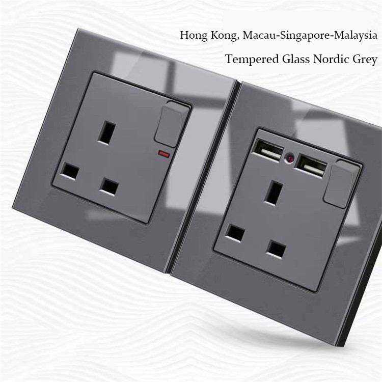 multi-functional grey tempered glass wall socket panel British standard Hong Kong version usb switch wall socket