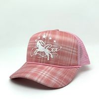 Casquettes Trucker OEM ODM en éponge à carreaux pastel, personnalisables avec logo imprimé en mousse motif cheval western, entièrement en maille respirante, style Country Snapback