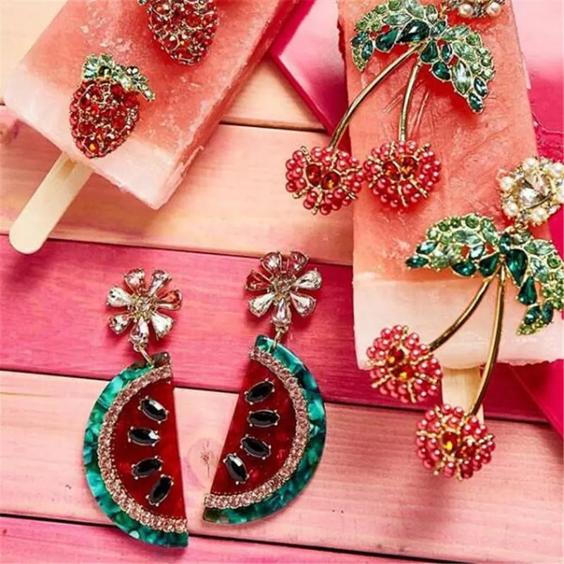 체리 파인애플 드롭 귀걸이 파티 여성 여러 가지 빛깔의 크리스탈 문 귀걸이 과일 매달려 펜던트 귀걸이