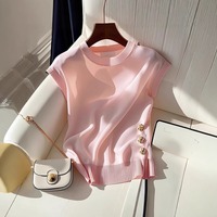 T-shirt sans manches en maille rose, col rond, style français, luxe léger, pour femme, été, jeune et tendance 2026