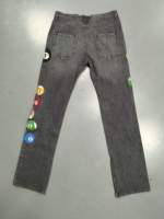 Jeans en denim pour hommes, coupe slim, noir délavé, imprimé boules de billard, jambe droite épaisse, en denim selvedge, personnalisables OEM