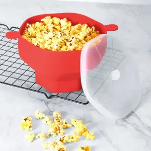 Kualitas tinggi tahan panas Microwave tersedia besar dilipat silikon ember Popcorn mangkuk Popcorn dengan pegangan