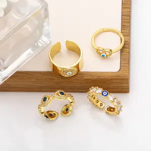 New Arrivals 18k Real Gold Plated Blue Turkish Eye Open Ring CZ Zircon Evil Eyes Adjustable Ring