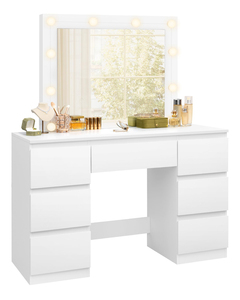 Table de maquillage haut de gamme avec plateau en verre blanc, miroir LED réglable, table de toilette moderne avec tiroirs et 2 prises - Product Image 3