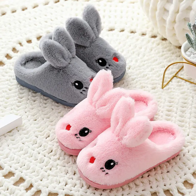Zapatillas de felpa de conejo para niños, zapatos de Interior para el hogar, peludas, de algodón, para invierno, 2022