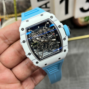 Men's ultra-thin carbon fiber automatic mechanical <b>watch</b> with blue <b>rubber</b> strap and sapphire crystal. - Product Image 2